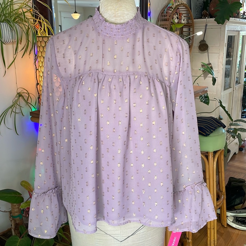 NEW Xhilaration Womens boho Purple Gold Long Bell Sleeve Blouse Size L